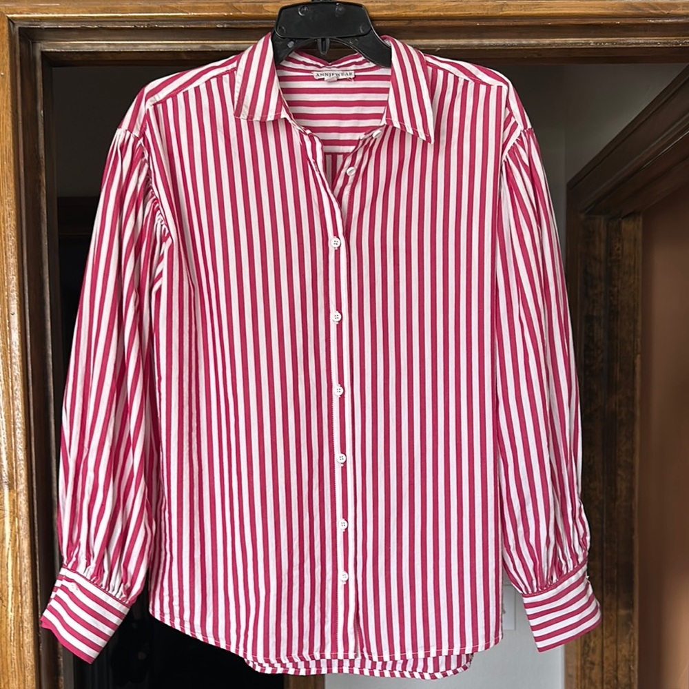 Red and White Striped Button-Up Shirt